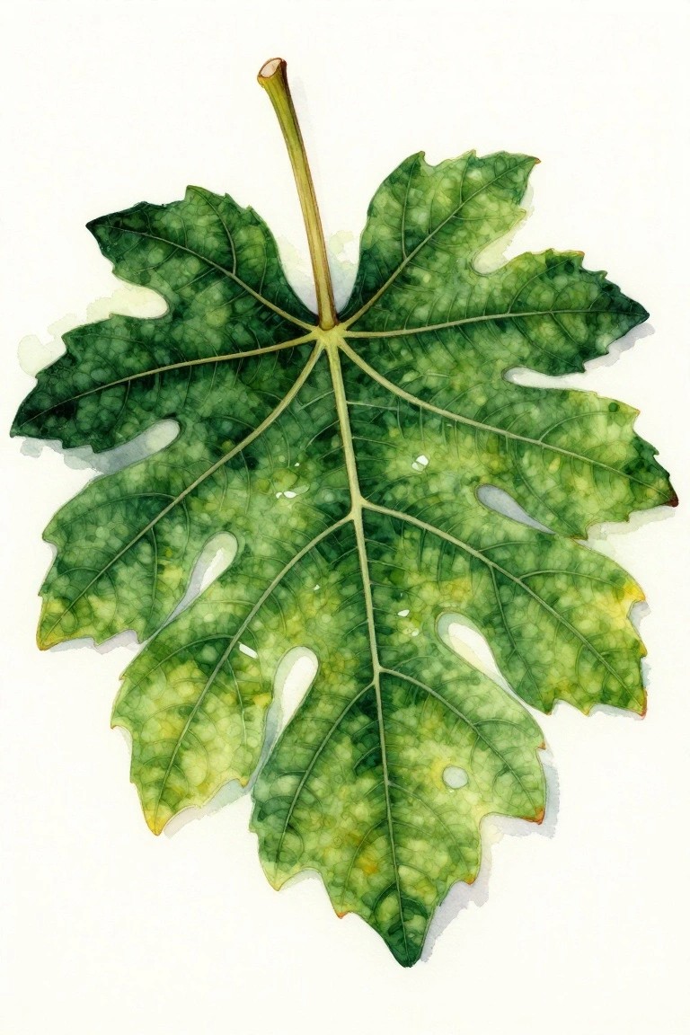 Watercolor of a large green lobed leaf with veins and stem.
