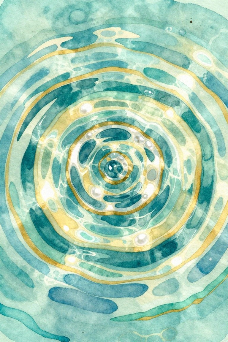 A watercolor-style painting of concentric circles in teal and blue tones with gold outlines and scattered white highlights around a dark blue center.