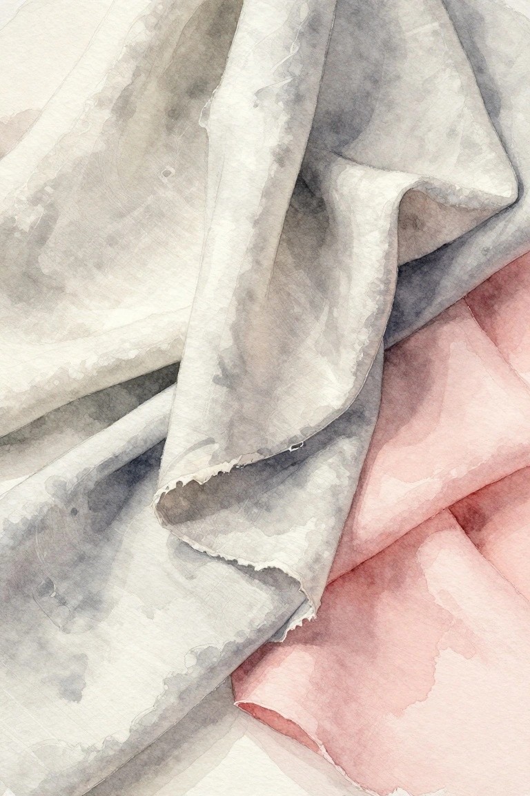 Draped white, gray, and pink fabrics with soft folds in watercolor style