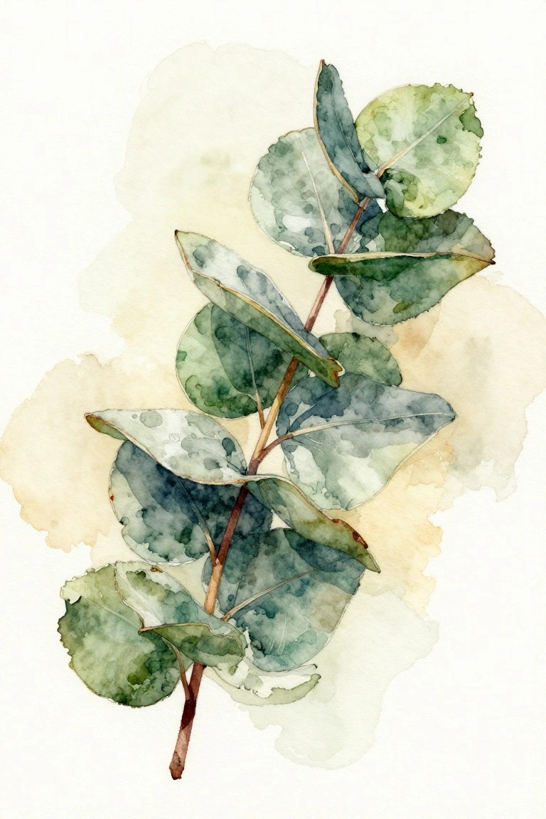 Watercolor eucalyptus branch with rounded green-blue leaves and brown stems.