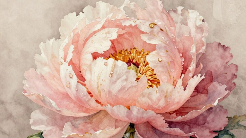 24 Elegant Bedroom Canvas Painting Ideas for a Calm Luxe Look Watercolor pink peony bloom with yellow stamens and dew drops on petals