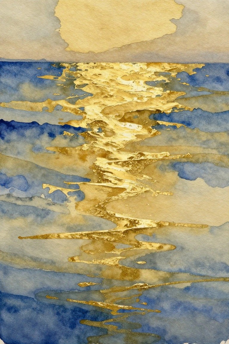 Abstract watercolor of golden reflections shimmering on layered blue ocean waves.