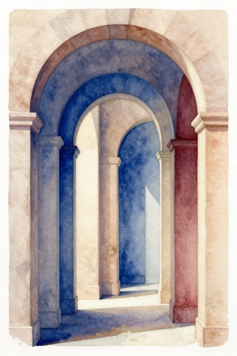 Watercolor of receding arches and columns in blue, red, and beige tones.