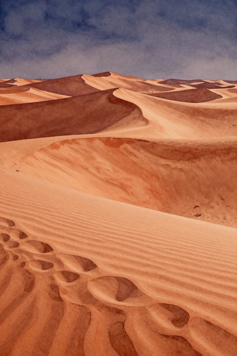 A watercolor painting of layered sand dunes with rippled textures and shadows under a dark sky.
