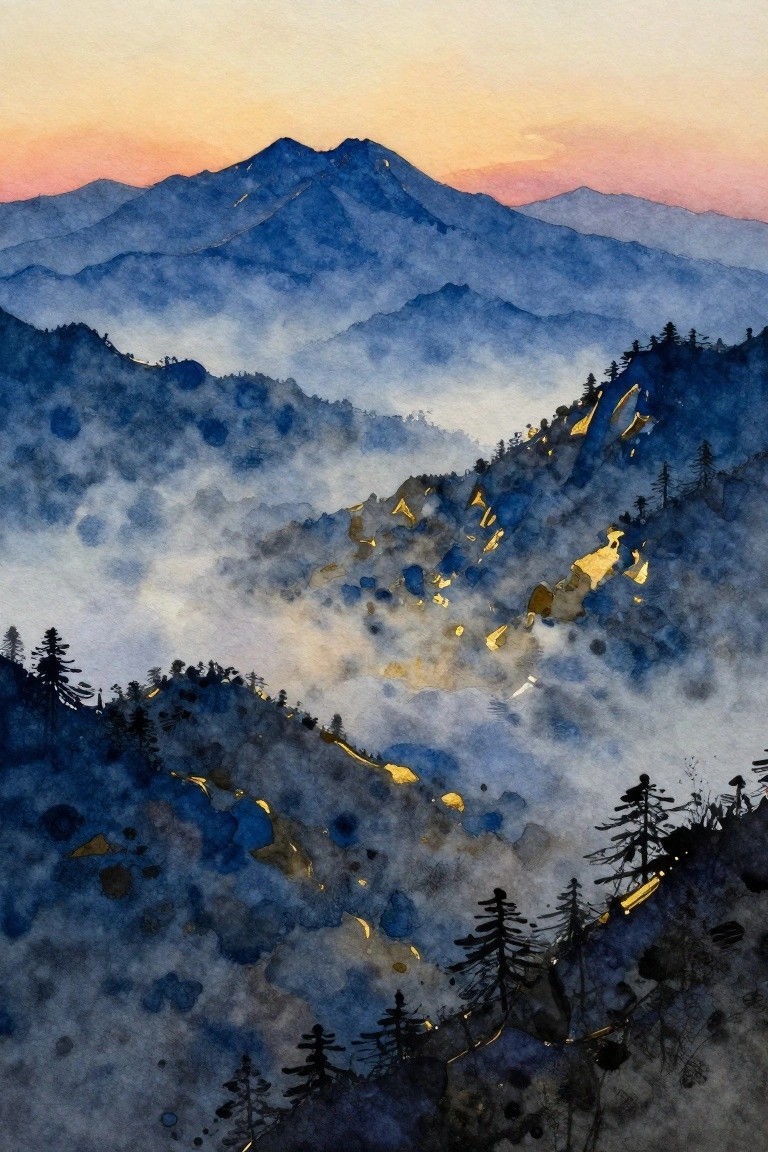Watercolor painting of layered blue mountains with mist, golden highlights, and dark tree silhouettes at sunrise.