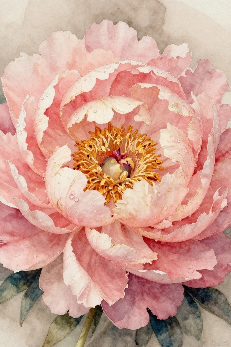 Watercolor pink peony bloom with yellow stamens and dew drops on petals
