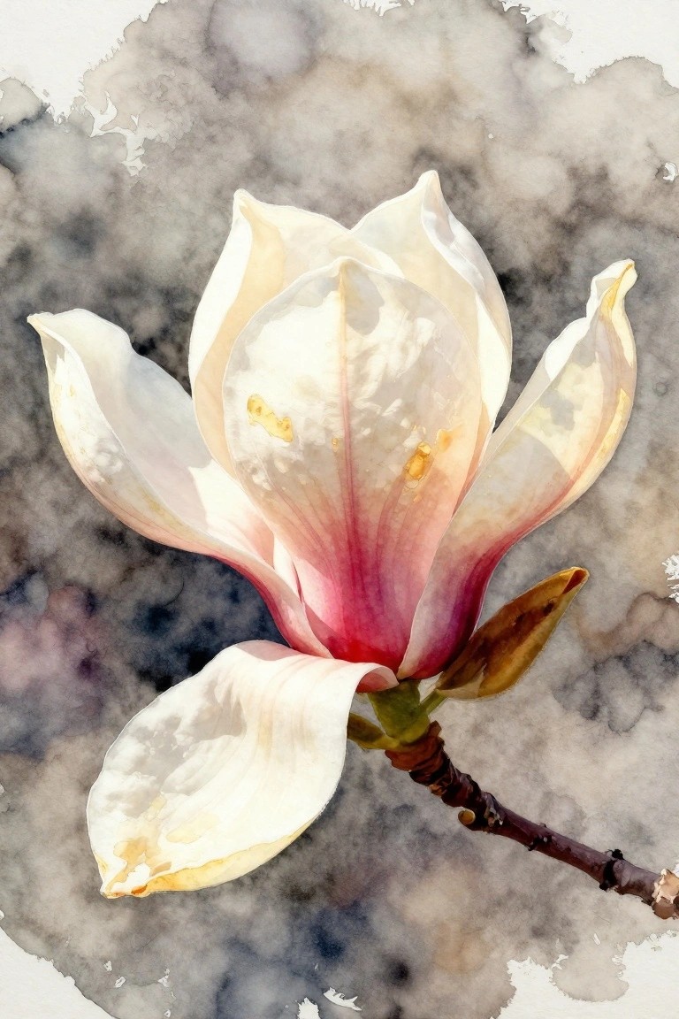 A watercolor-style painting of a white magnolia flower with pink and yellow tones on a dark branch against a gray smoky background.