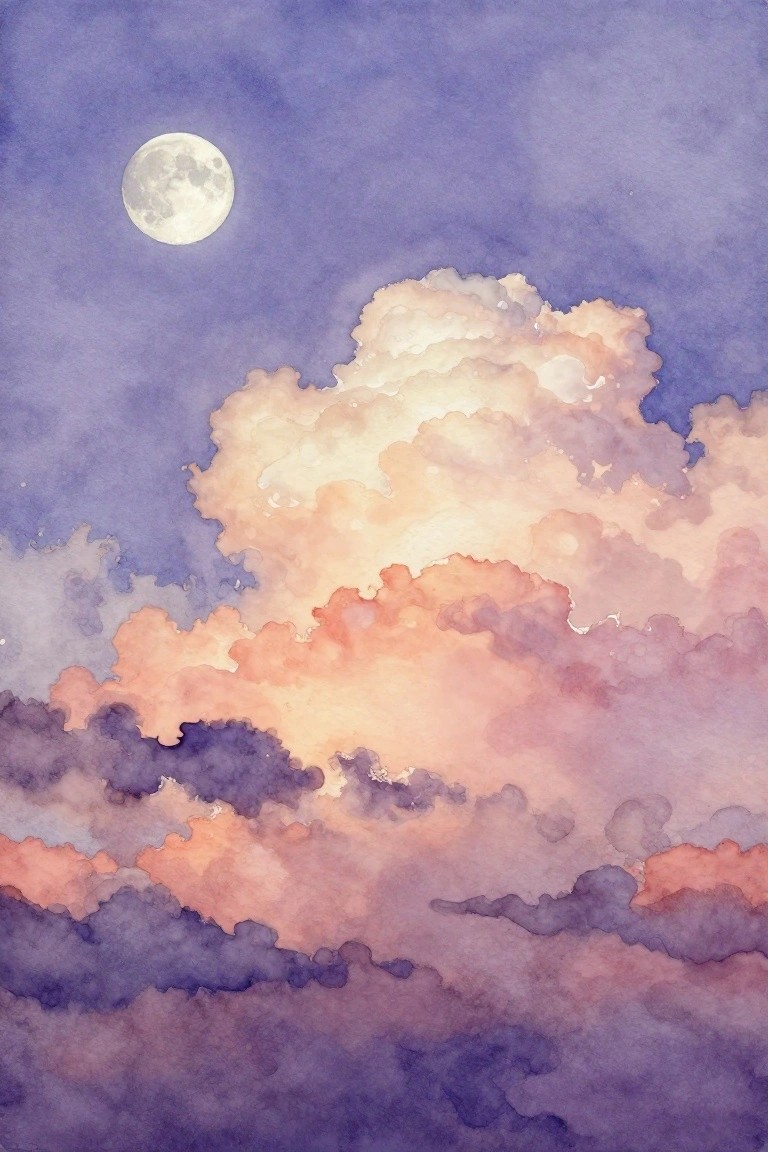 Full moon glowing above fluffy pink and purple watercolor clouds at night.