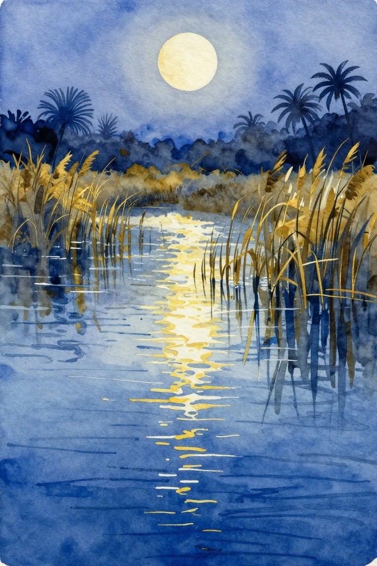 Watercolor of full moon reflecting on blue water amid golden reeds and silhouetted palms