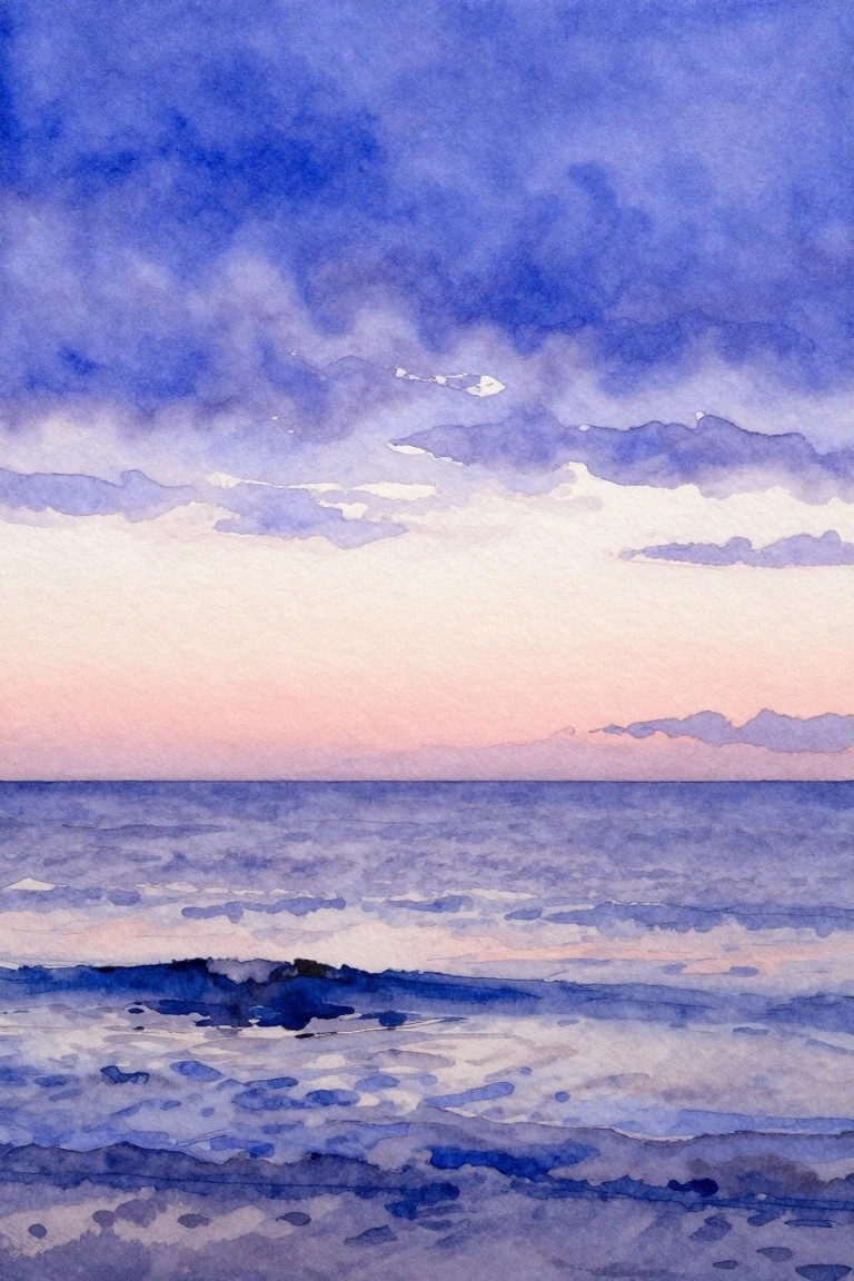 Watercolor painting of an ocean scene with blue sky, pink horizon, calm sea, and gentle waves in the foreground.