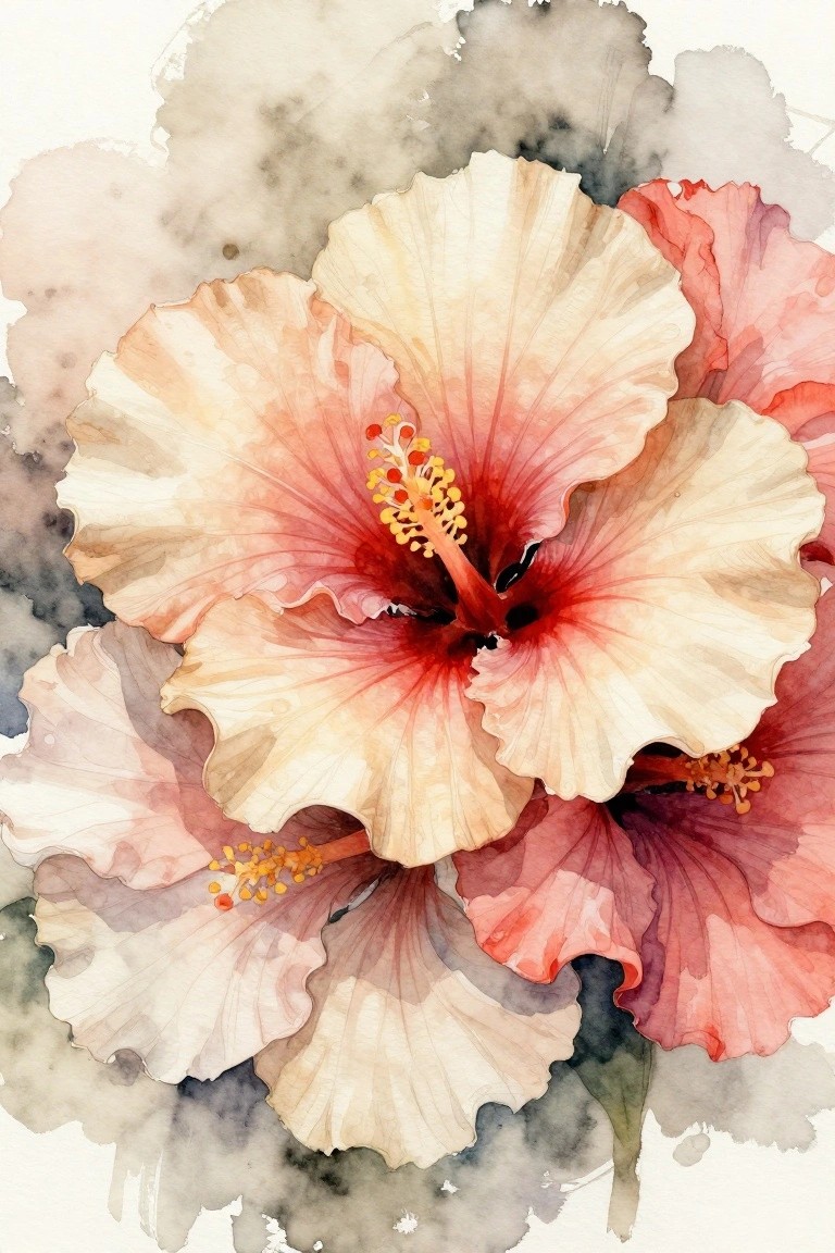 A watercolor painting of overlapping hibiscus flowers in cream, pink, and red tones with a soft smoky background.