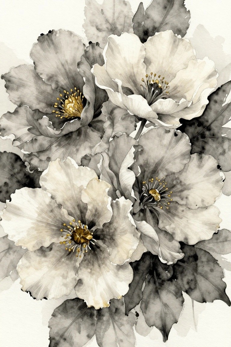 Watercolor flowers with white-gray petals, golden centers, and dark leaves in elegant style