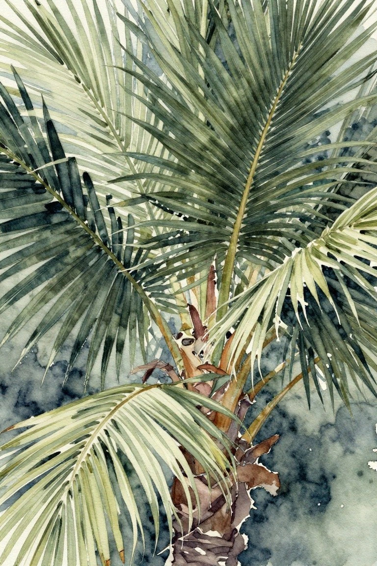 Watercolor painting of lush green palm fronds with brown trunk and blue washes
