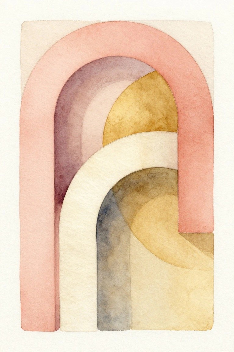 Abstract watercolor of layered pastel arches in pink, purple, gold and cream tones.