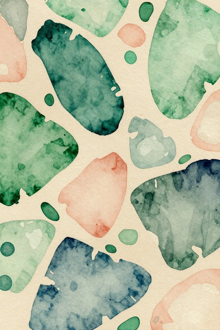 Abstract watercolor shapes in greens, blues, corals on beige background.