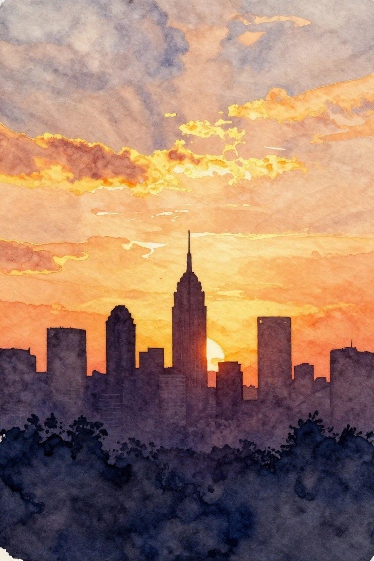 Watercolor skyline silhouette at sunset featuring Empire State Building amid orange clouds