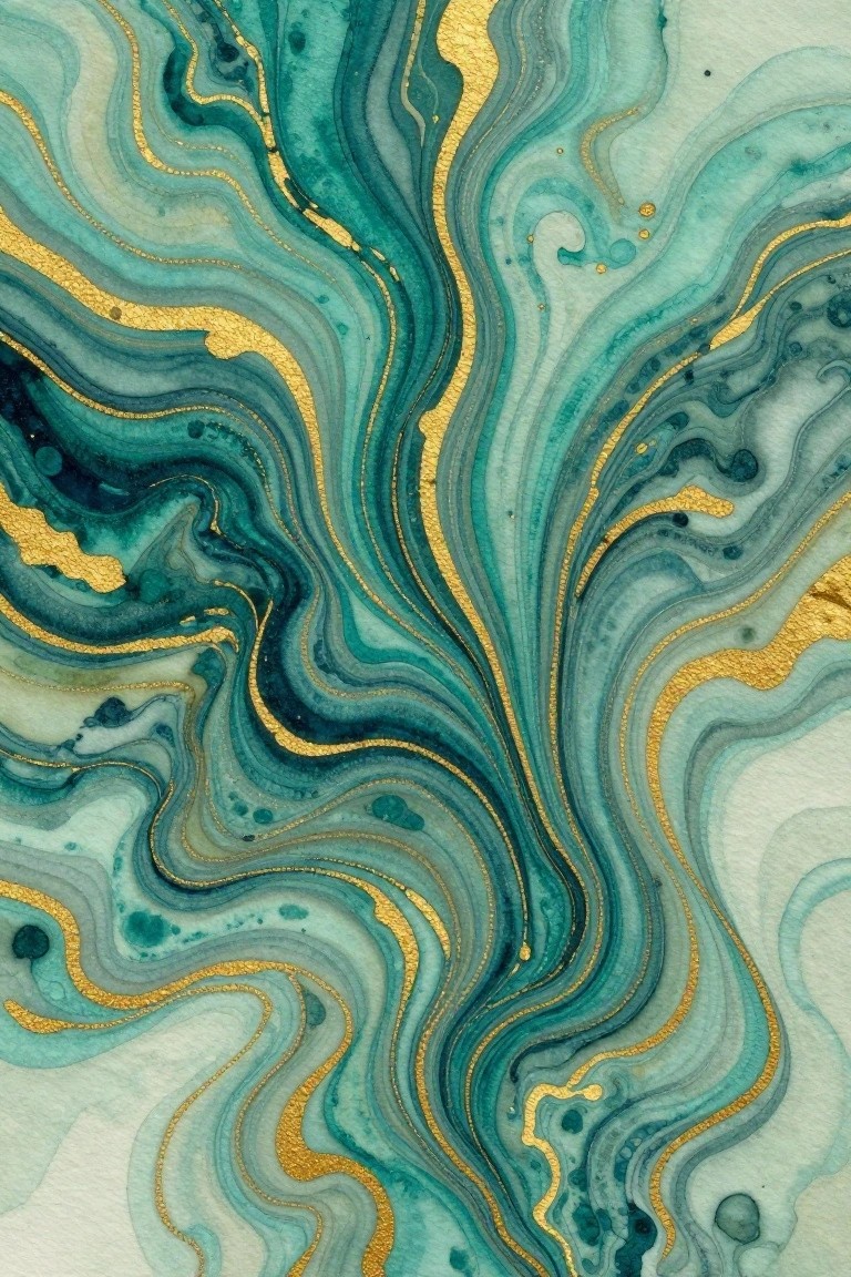 Swirling teal and turquoise marble patterns with shimmering gold accents.