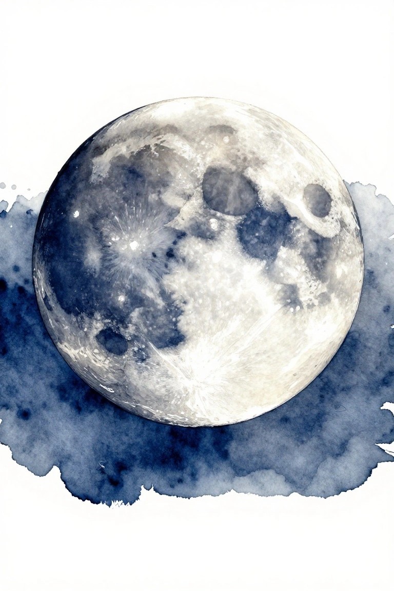 Watercolor full moon in blue and white with craters above a blue wash