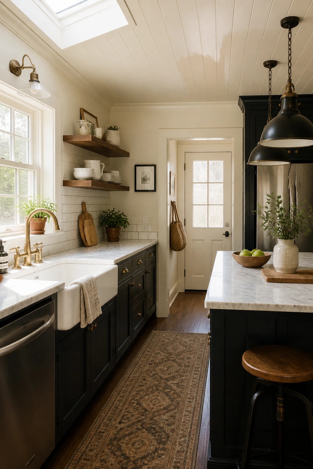 Kitchen walls painted in a soft warm white with dark cabinetry and marble counters.