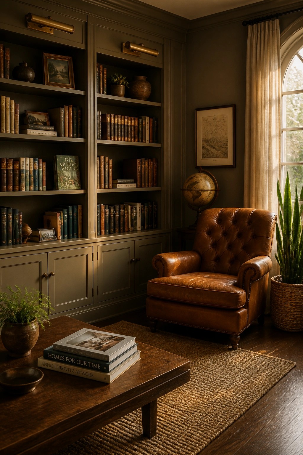 Built-in bookshelves and walls painted in a deep green gray fill a room with wood furniture and leather seating.
