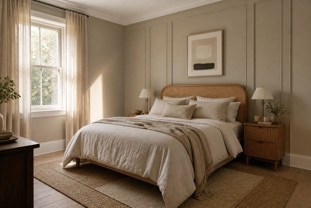 Bedroom with soft warm greige walls and wood flooring.