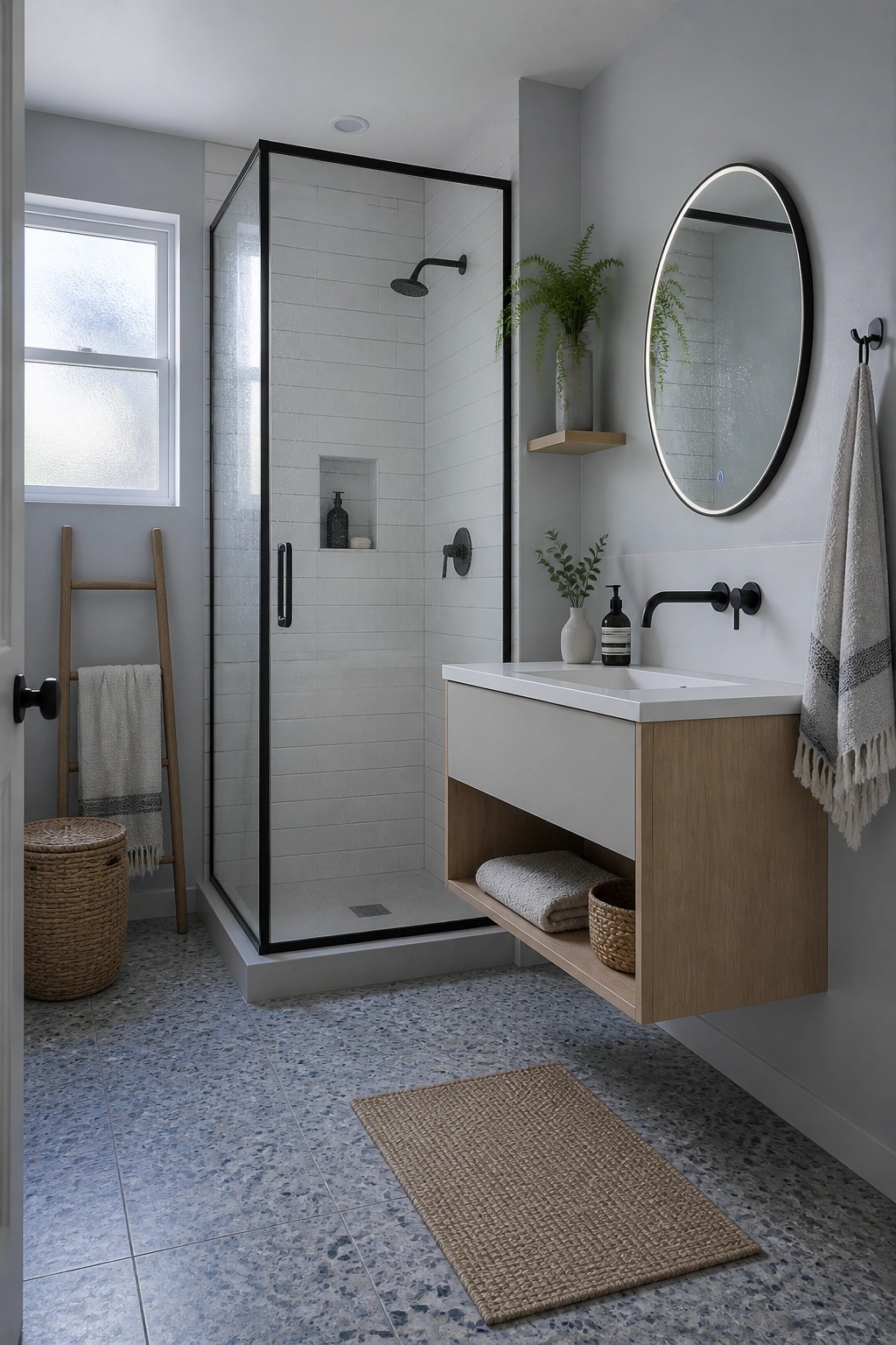 Light gray walls in a bathroom with a floating wood vanity and black fixtures.