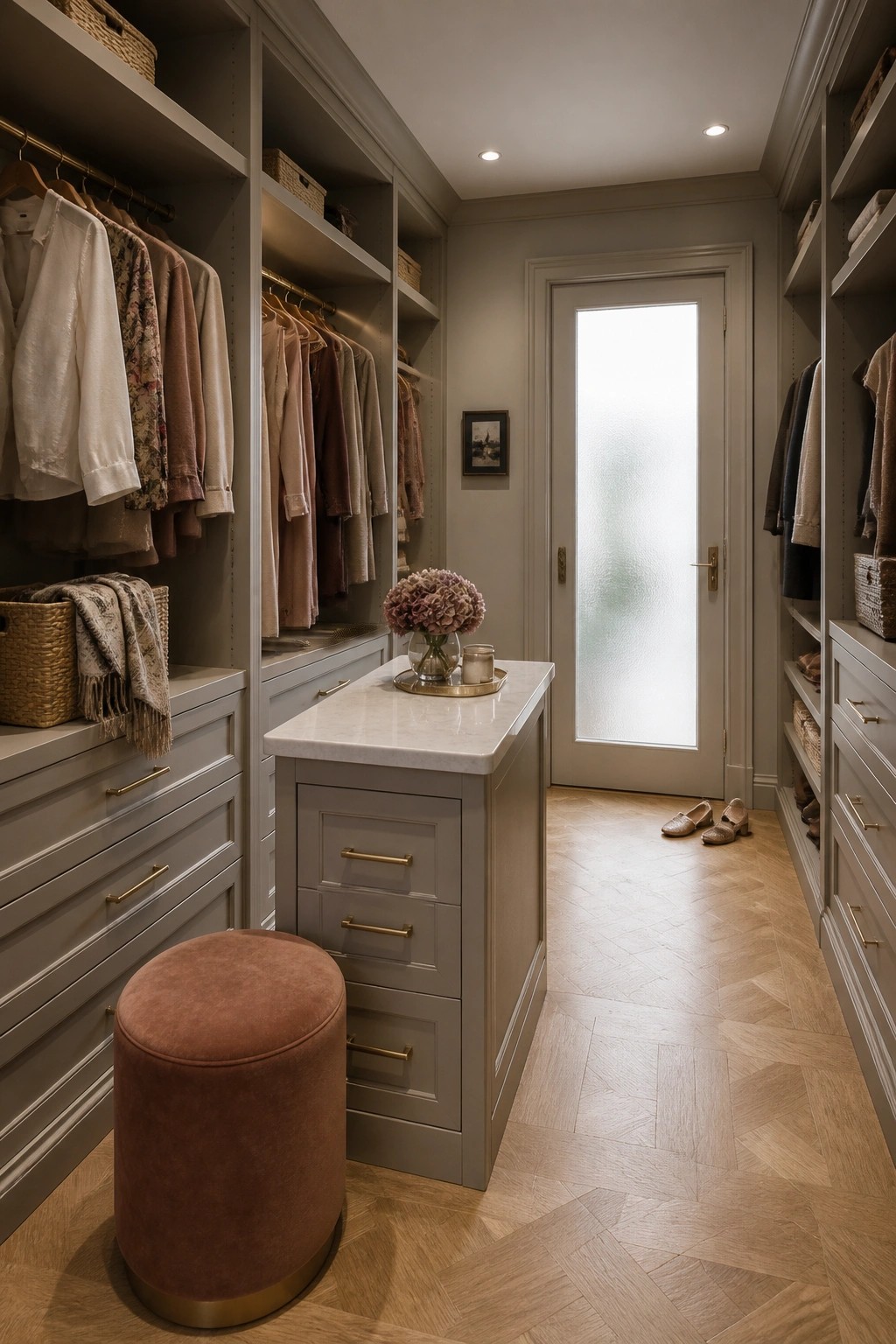 Closet walls and cabinetry painted in a soft light greige with wood flooring.