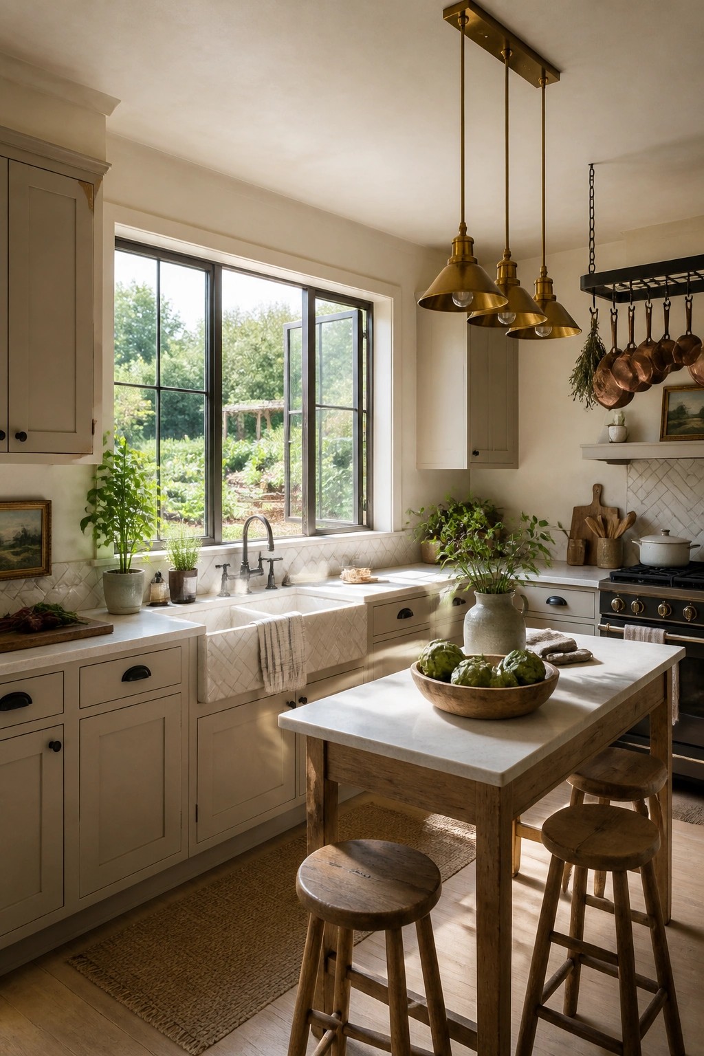 A kitchen with soft greige cabinets and walls around a window and sink area.