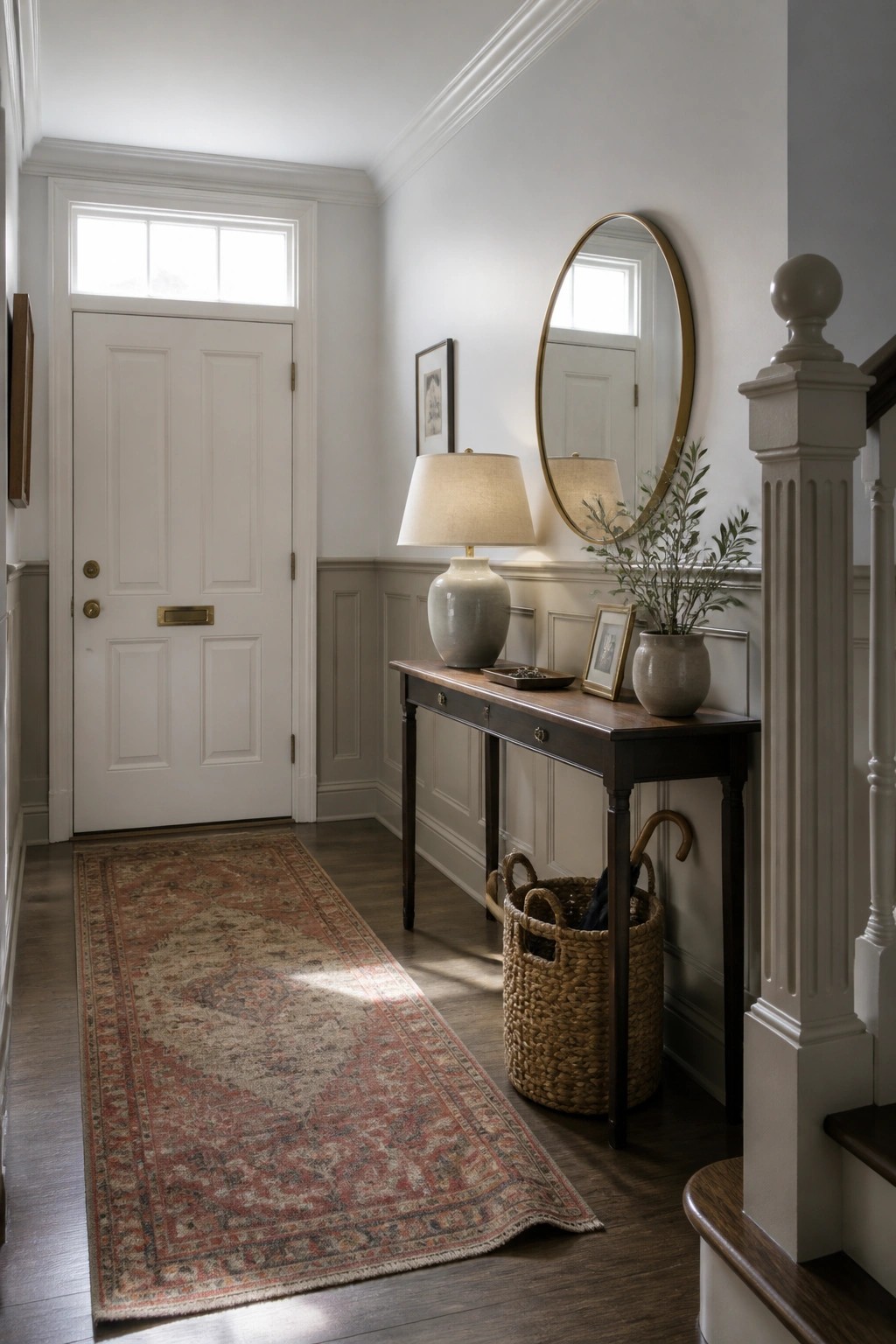 Light greige walls with wainscoting in a traditional entryway.