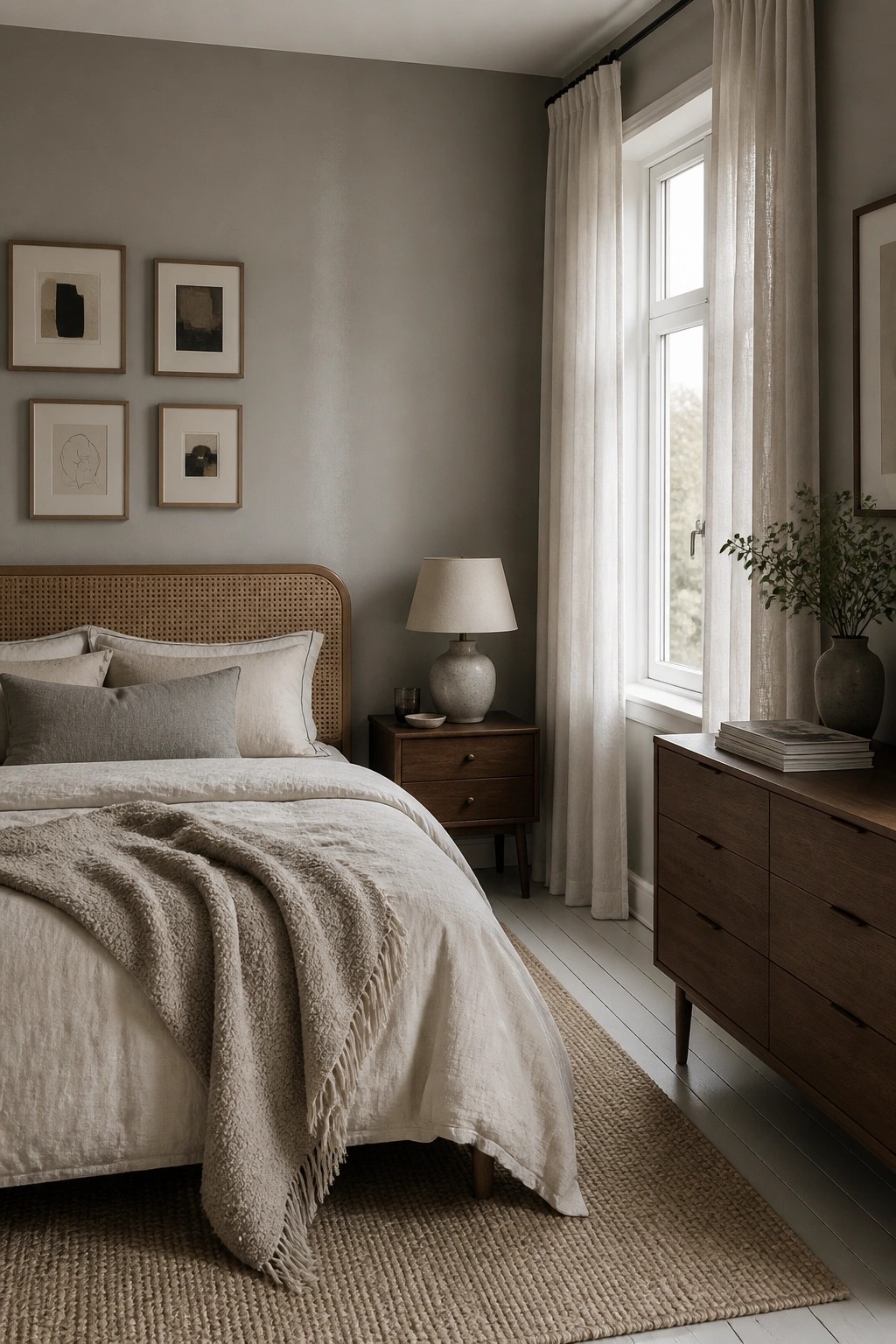 A bedroom with soft greige walls and a wooden bed frame.