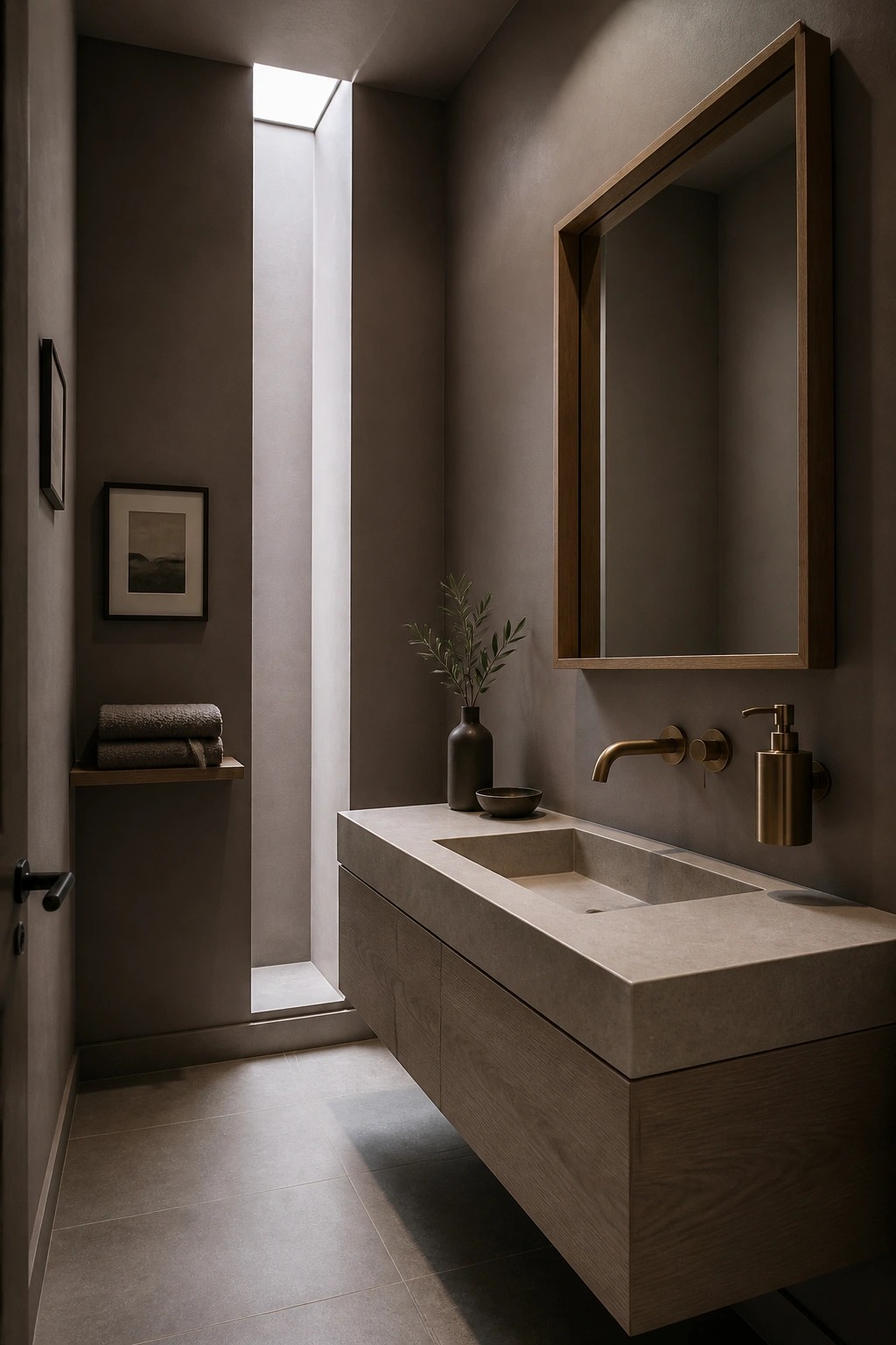 A bathroom with warm greige walls and a floating wood vanity under a concrete sink.