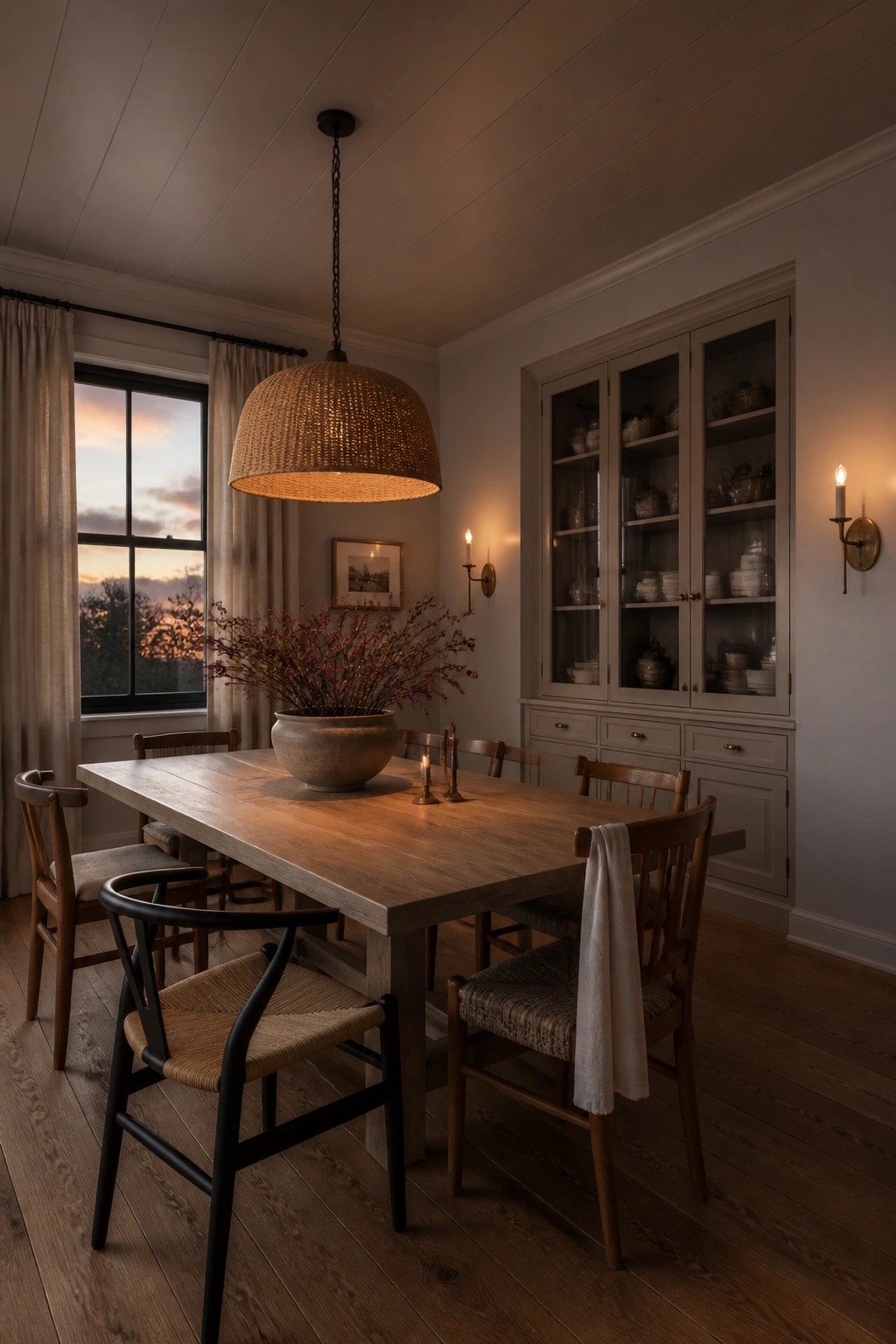 Light greige walls in a dining room with wood furniture and glass cabinets.
