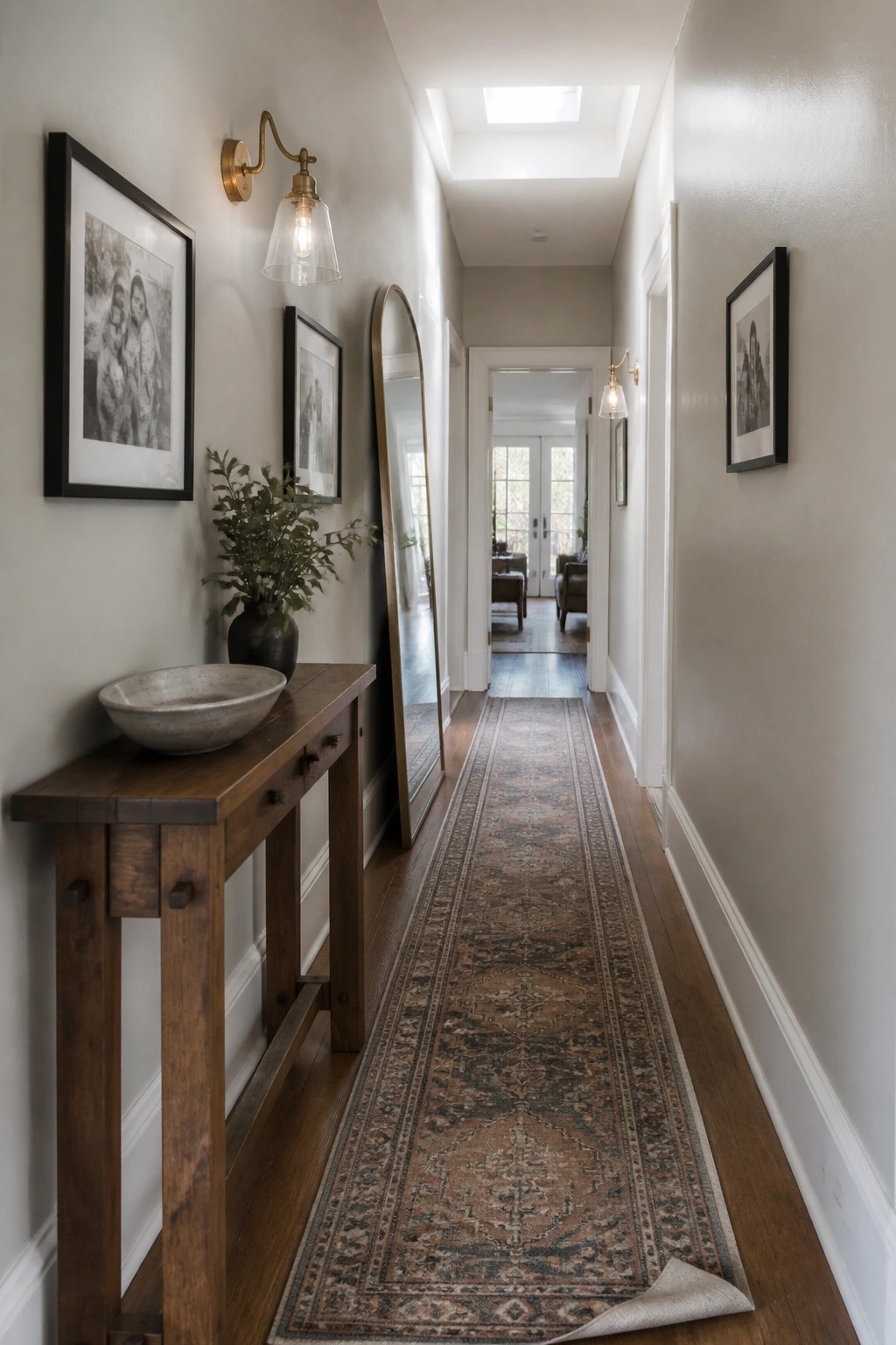 Light greige walls in a narrow hallway with wood flooring and a console table.