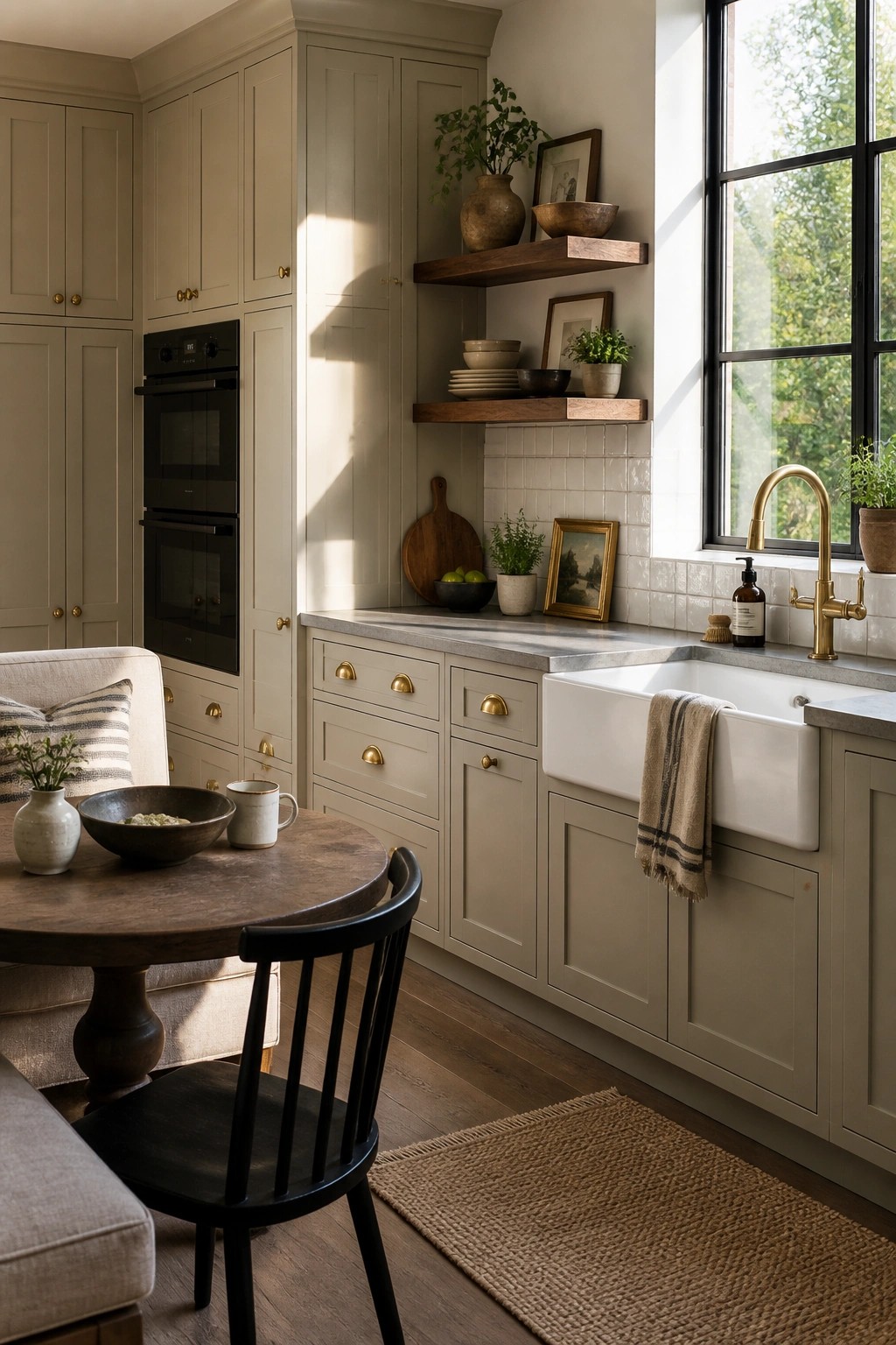 Sage green kitchen with white farmhouse sink, brass faucet, wooden shelves, and dining table.