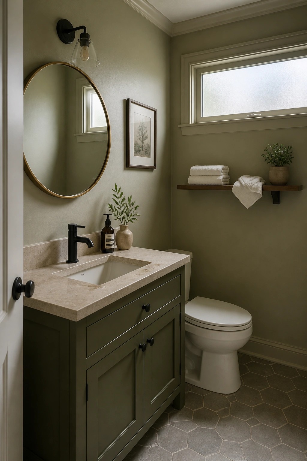 Sage green bathroom vanity with marble sink, round mirror, white toilet, and hex tile floor.