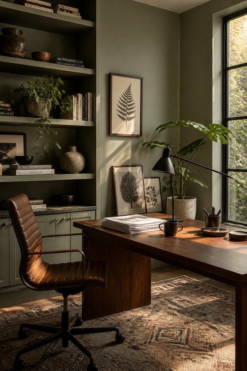 A home office with soft sage green walls and a wooden desk.