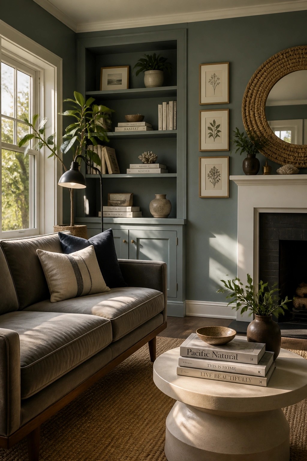 A living room with built-in shelves and walls painted in a soft sage green.