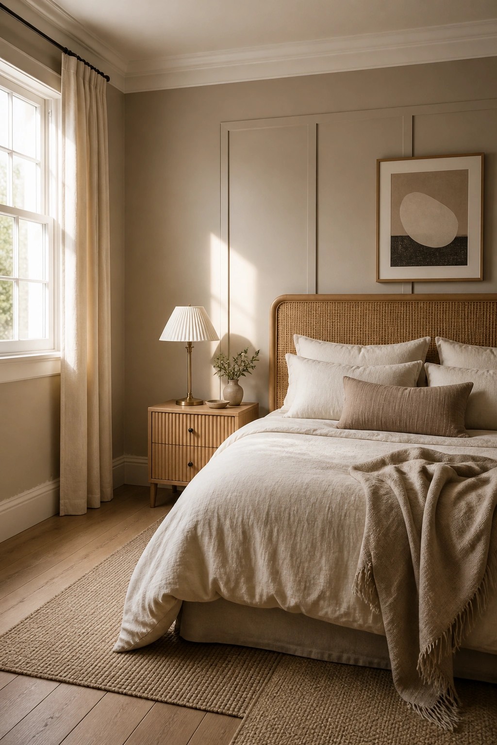 Bedroom with soft warm greige walls and wood flooring.