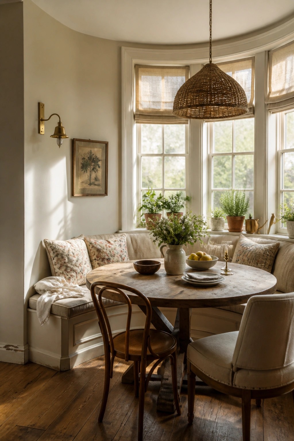 Creamy neutral walls in a bay window dining area with wood furniture and built-in seating.