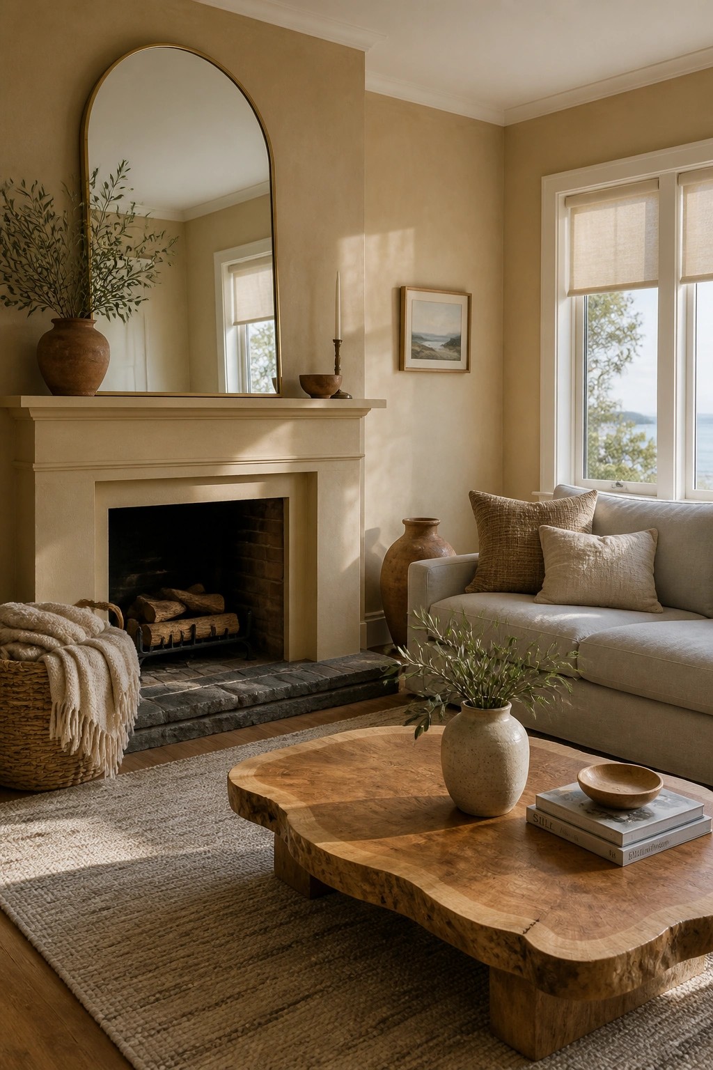 Living room walls painted in a soft warm beige.