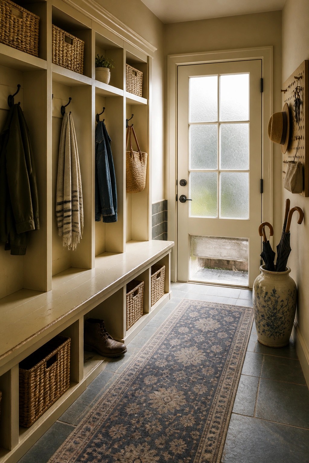 Organized mudroom with beige cubbies, hanging coats, wicker baskets, blue runner, and white door.