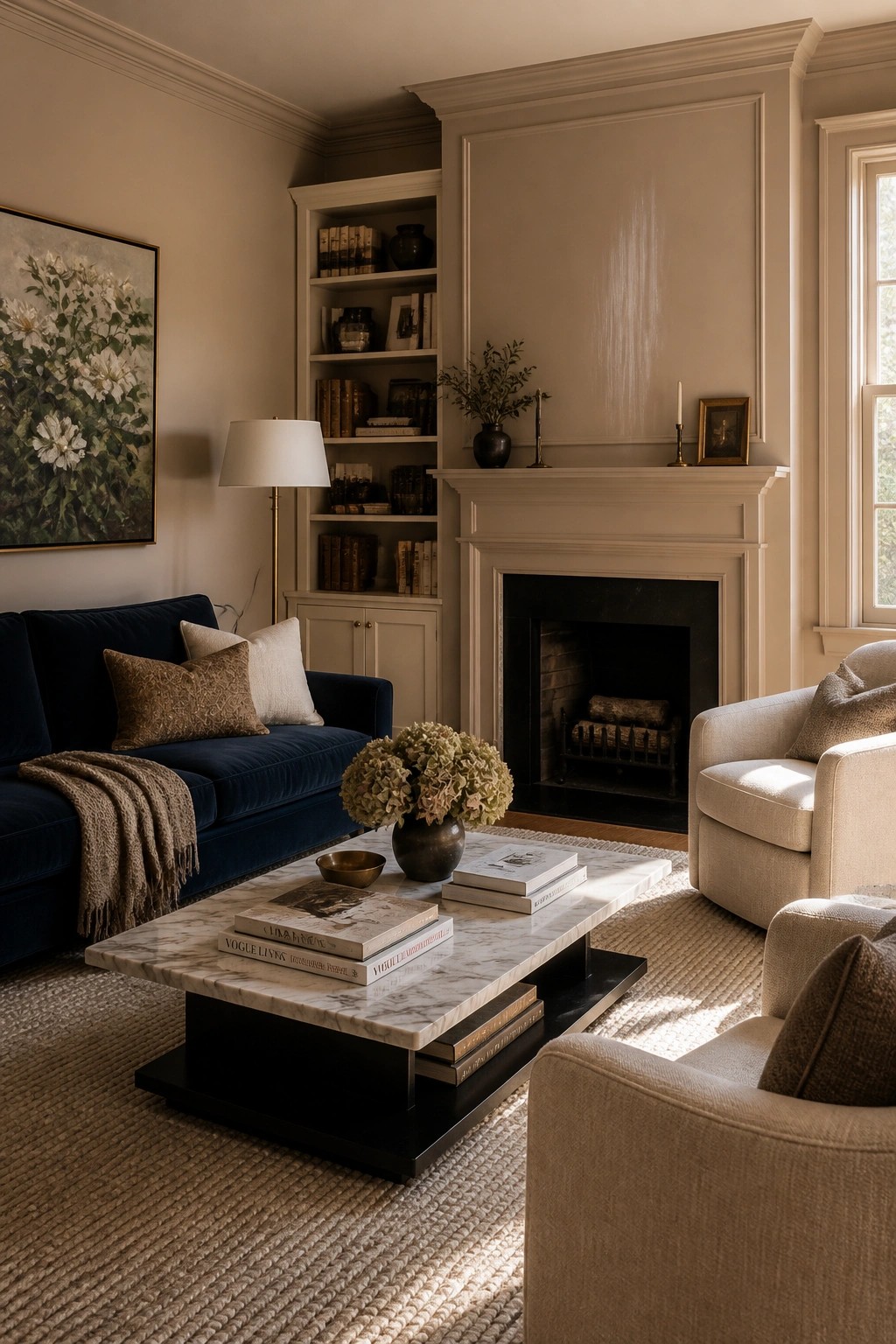 Living room walls painted a soft warm greige next to white fireplace trim.