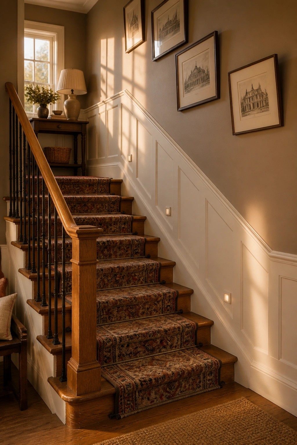 A staircase with warm greige walls above white wainscoting.