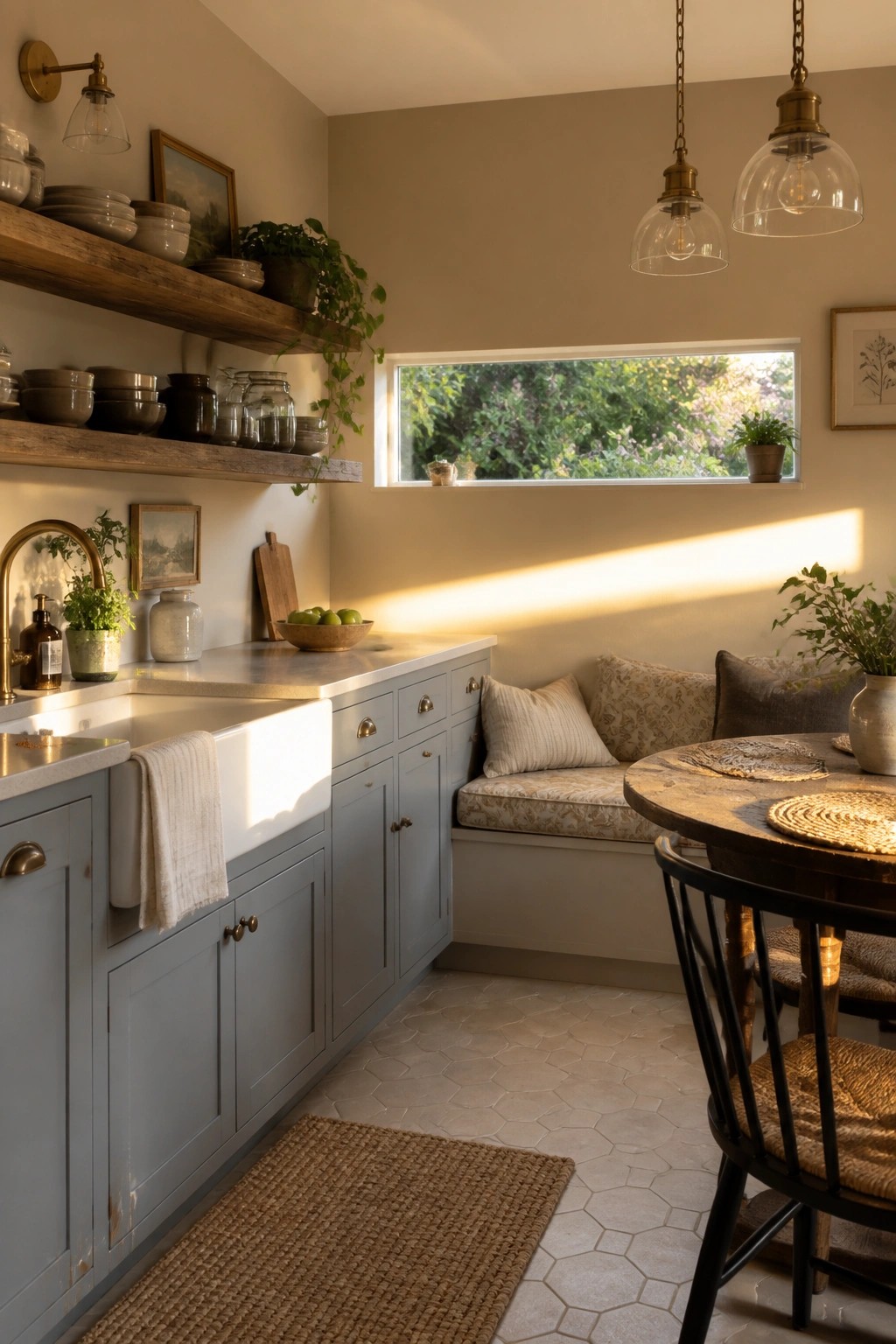 Cozy rustic kitchen with blue cabinets, farmhouse sink, window seat, and wooden table.