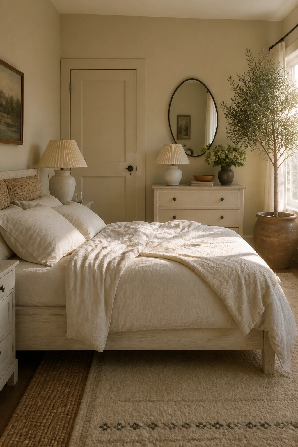 A bedroom with soft greige walls and simple neutral bedding.