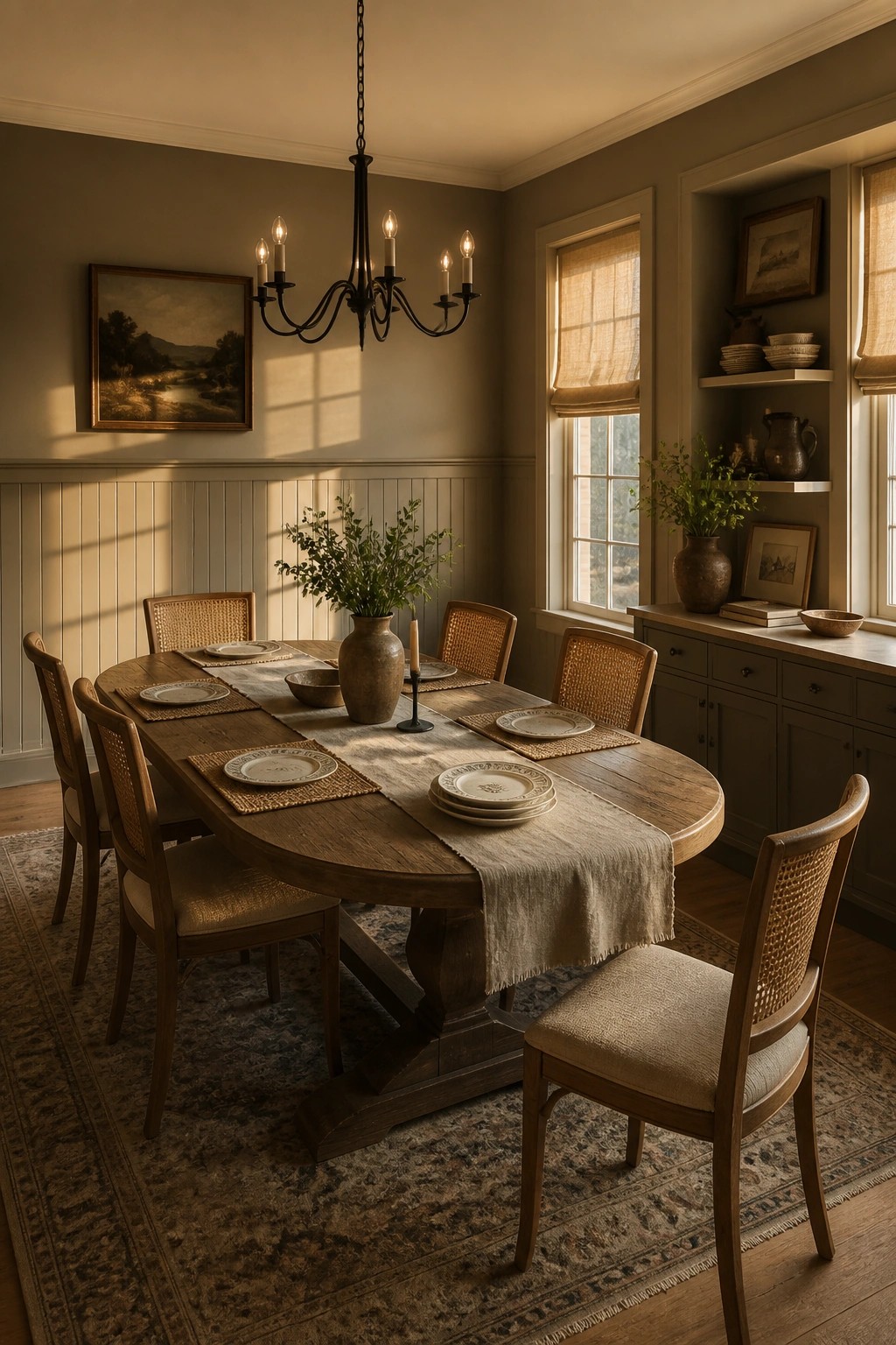 Dining room with warm greige walls, white wainscoting, and a wooden table.