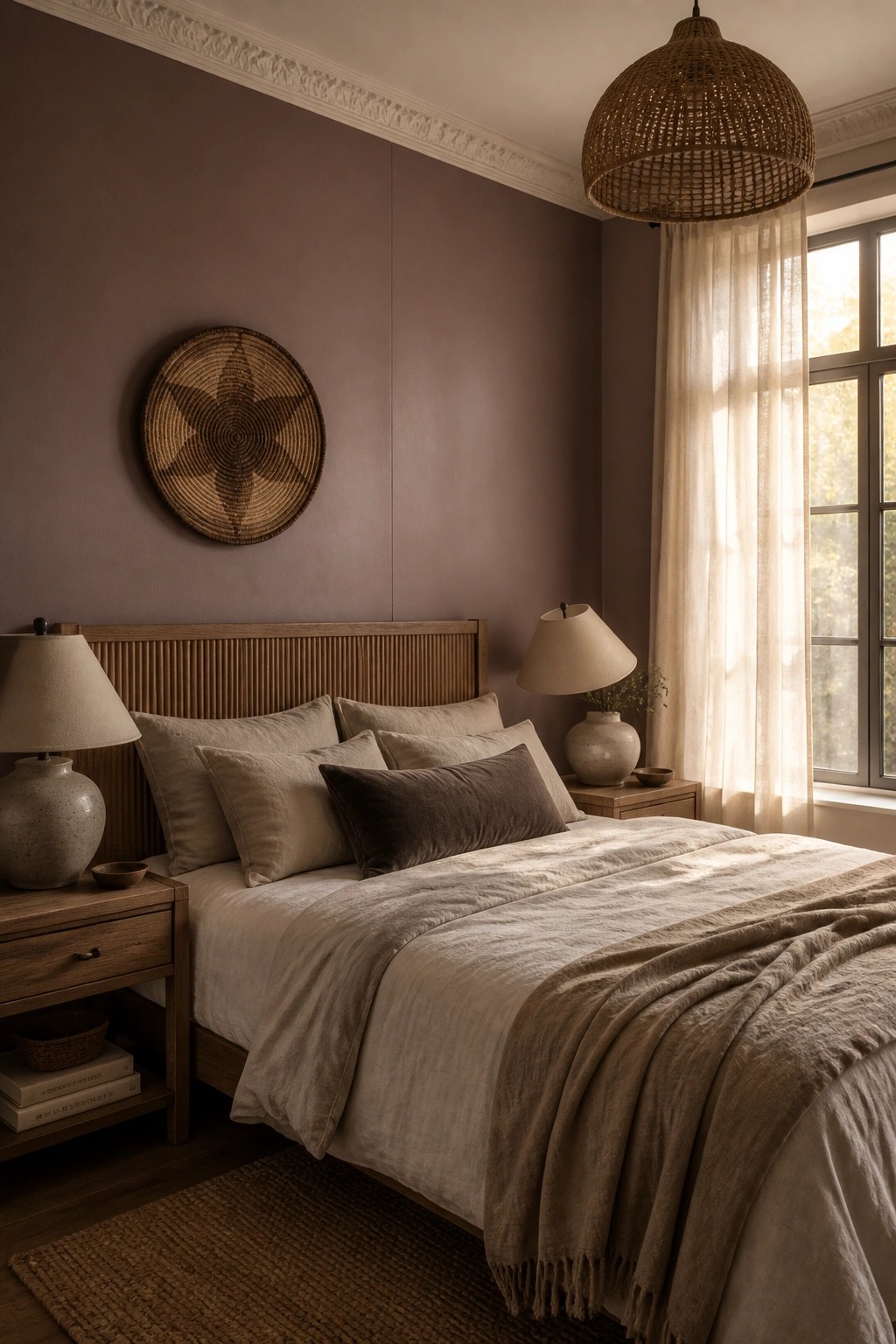A bedroom with warm taupe walls and wood furniture.