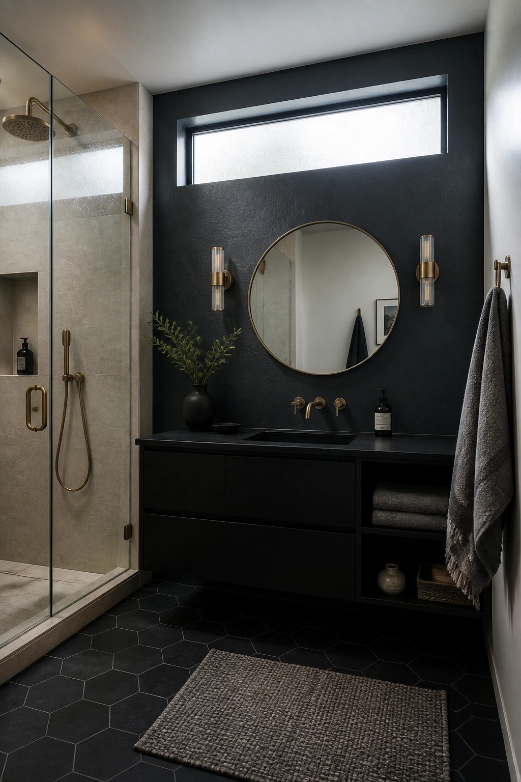 A bathroom with deep charcoal walls and a dark floating vanity under a round mirror.