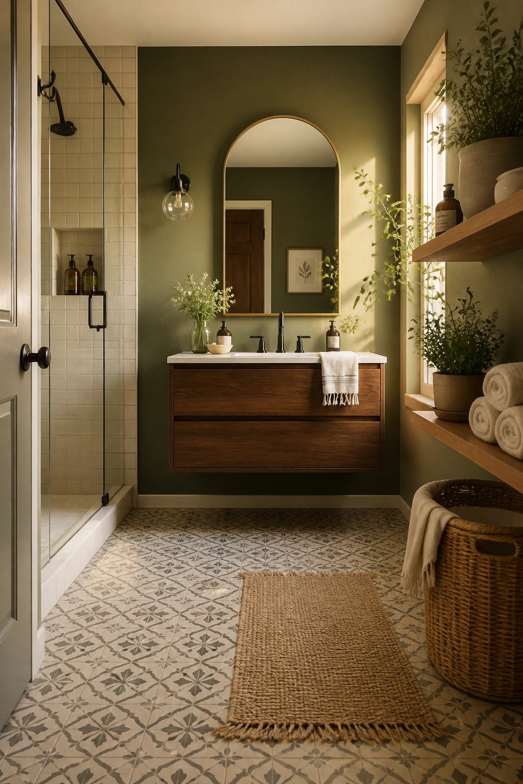 A bathroom featuring deep green walls and a floating wood vanity.