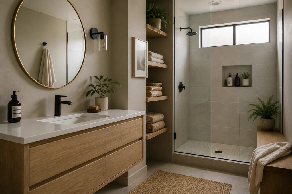 24 Modern Bathroom Paint Colors in Soft Neutrals, Charcoal, Green, and Warm White Modern bathroom with wood vanity, round mirror, open shelves, and glass shower.